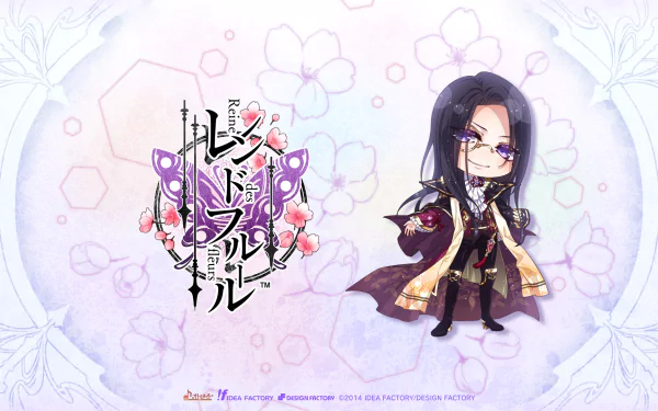Anime HD PC desktop wallpaper: chibi Reine des Fleurs character in ornate purple-and-gold coat and glasses set against a soft pastel floral background with the series logo.