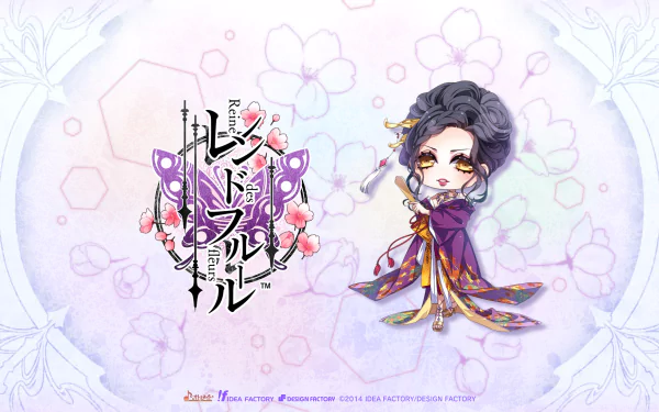 Chibi anime Reine des Fleurs in an ornate purple kimono with floral and butterfly motifs on a soft pastel floral HD PC desktop wallpaper background.