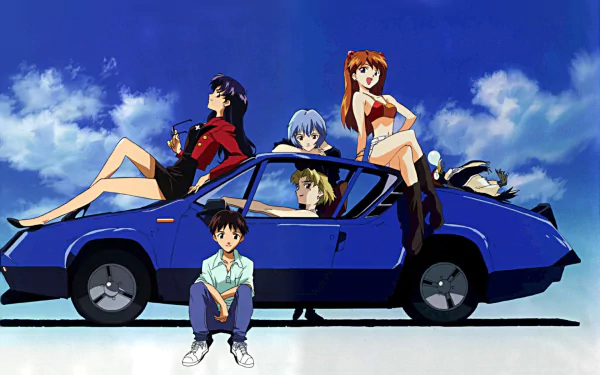 Neon Genesis Evangelion HD wallpaper featuring Ritsuko Akagi, Pen Pen, Asuka Langley Sohryu, Rei Ayanami, and Misato Katsuragi posing with a blue car under a bright sky.