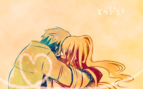 Anime-style HD desktop wallpaper from Toradora! depicting two characters embracing against a warm, peach-colored background with the series title in Japanese.