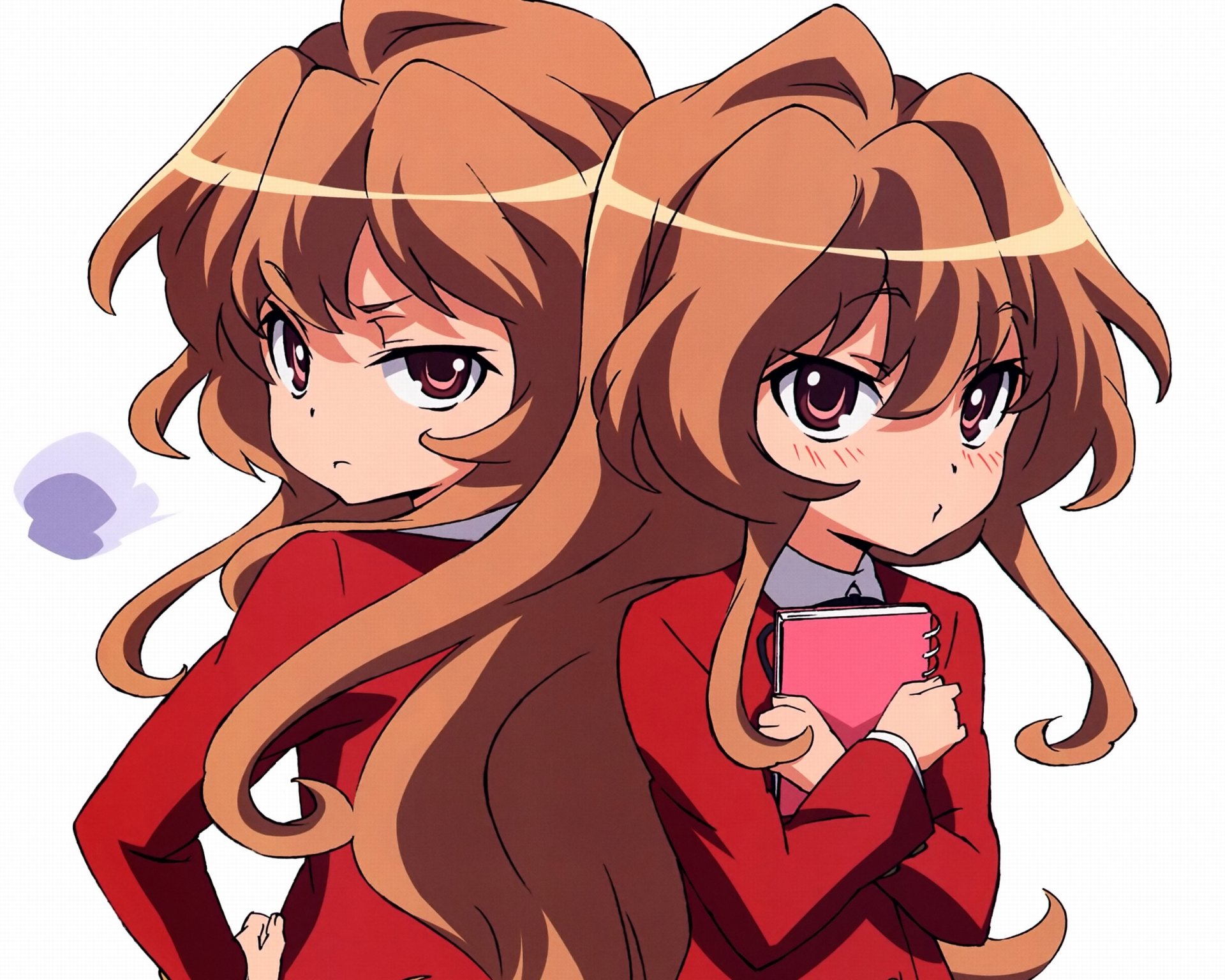 HD anime desktop wallpaper featuring Taiga Aisaka from Toradora! with two confident poses, showcasing her long brown hair and expressive eyes.
