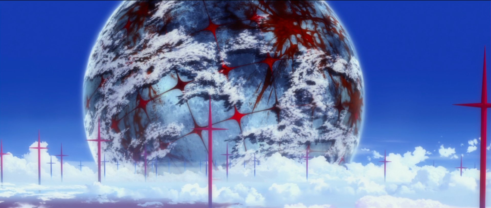 HD PC desktop wallpaper from Neon Genesis Evangelion, featuring a dramatic, cracked planet with red glowing fissures from Evangelion: 3.0 You Can (Not) Redo.
