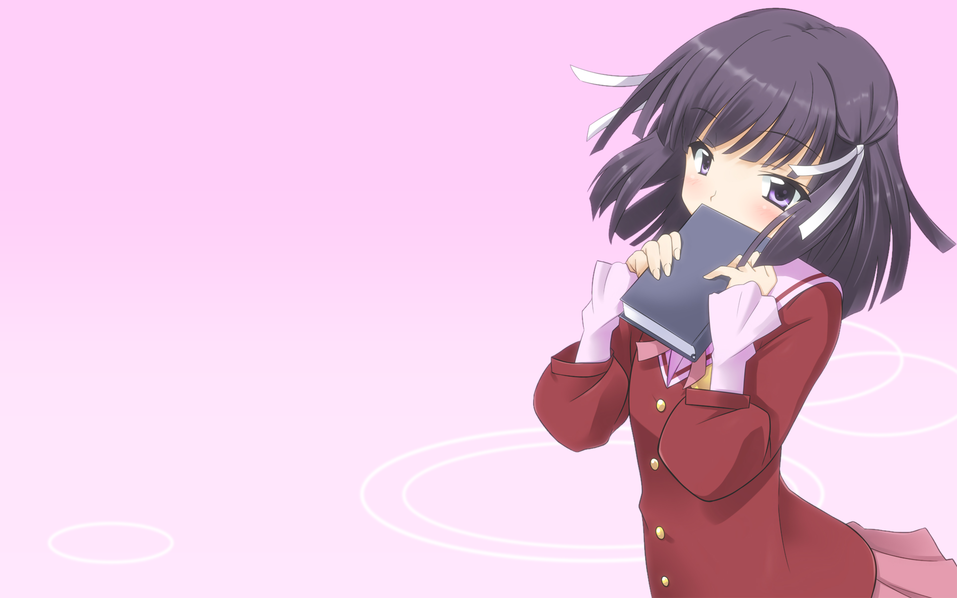 Anime HD desktop wallpaper featuring a character from The World God Only Knows with purple hair and a school uniform against a soft pink background.