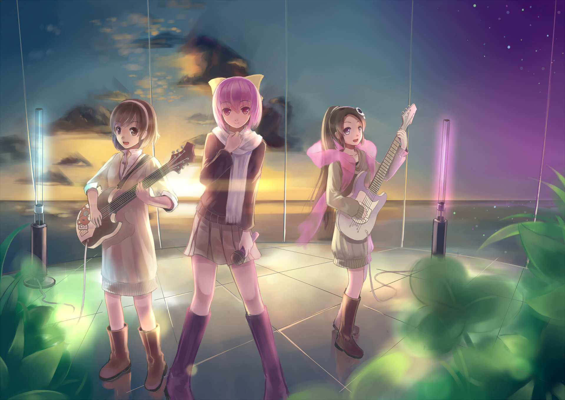 Anime-style HD PC desktop wallpaper featuring three female characters from The World God Only Knows, each holding musical instruments against a vibrant, dreamy background.