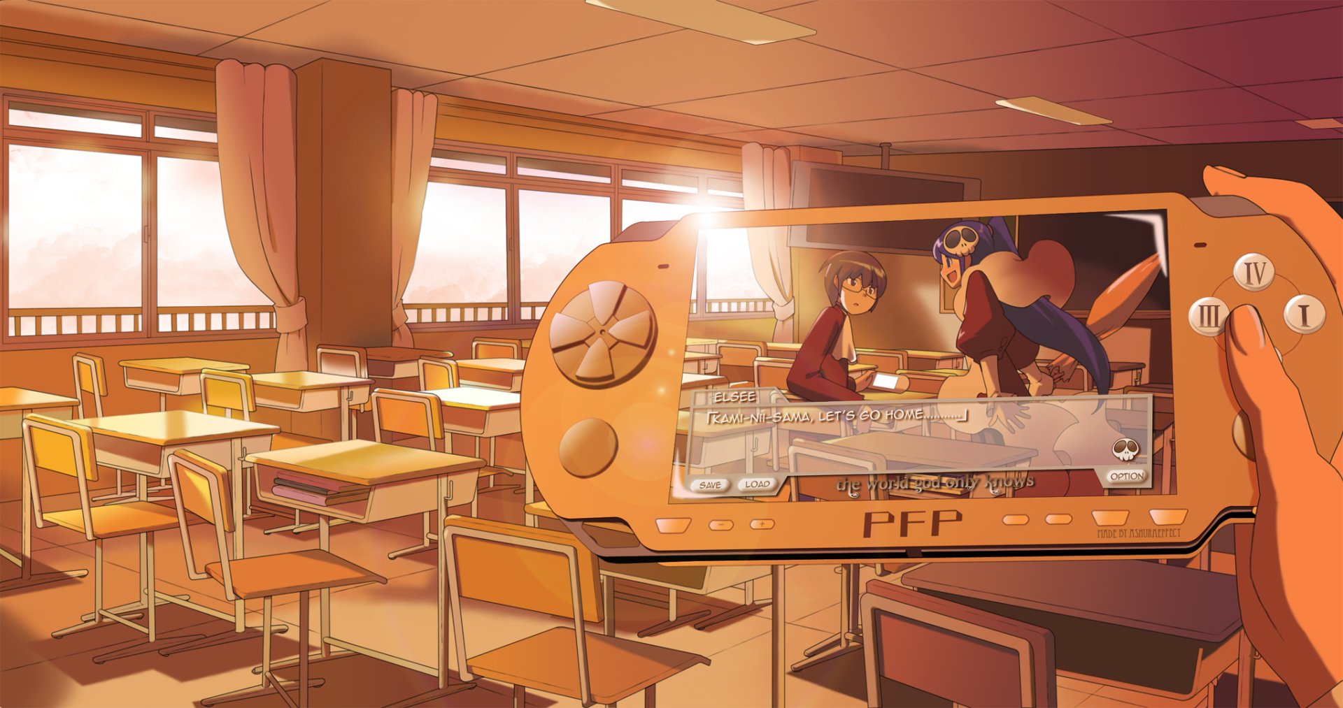 HD PC desktop wallpaper featuring an anime scene from The World God Only Knows, showing characters interacting through a handheld gaming device in a sunlit classroom.