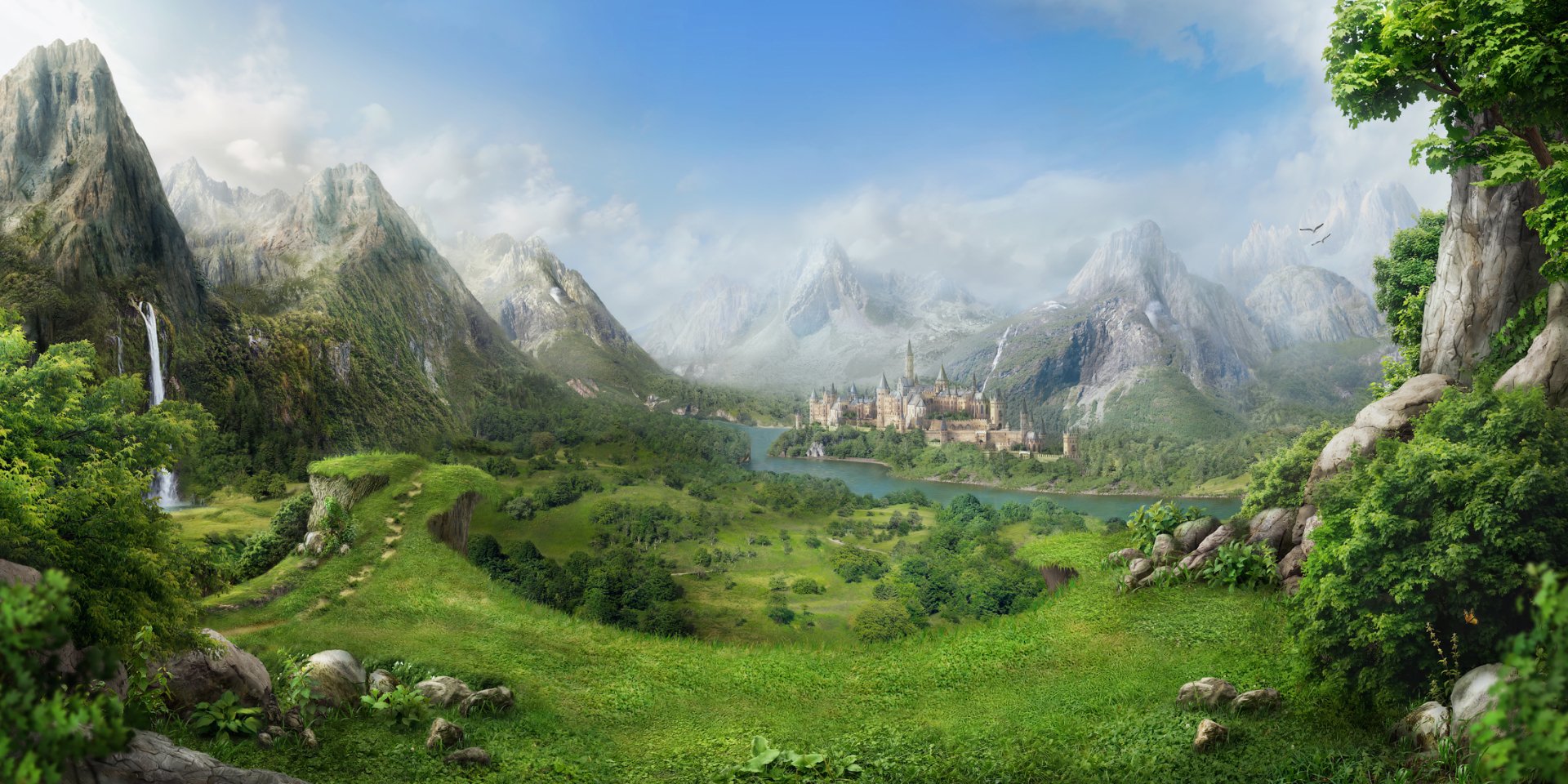 HD fantasy landscape wallpaper featuring a vibrant green valley with trees, a cascading waterfall, and majestic mountains under a bright blue sky.