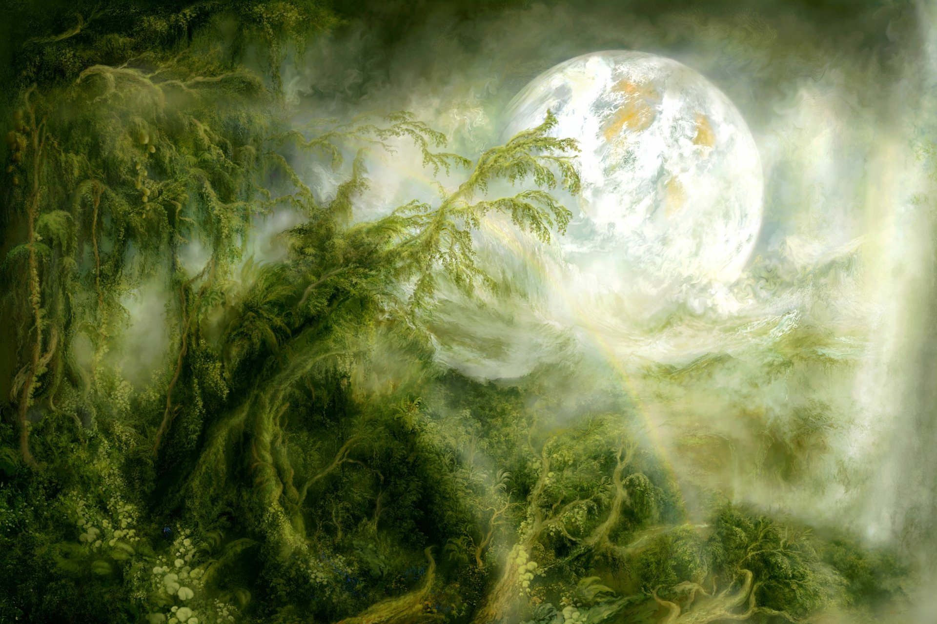 A lush, green landscape features a large, glowing planet rising in the background, set against a misty, otherworldly atmosphere. An immersive Sci-Fi scene in stunning 8K Ultra HD.