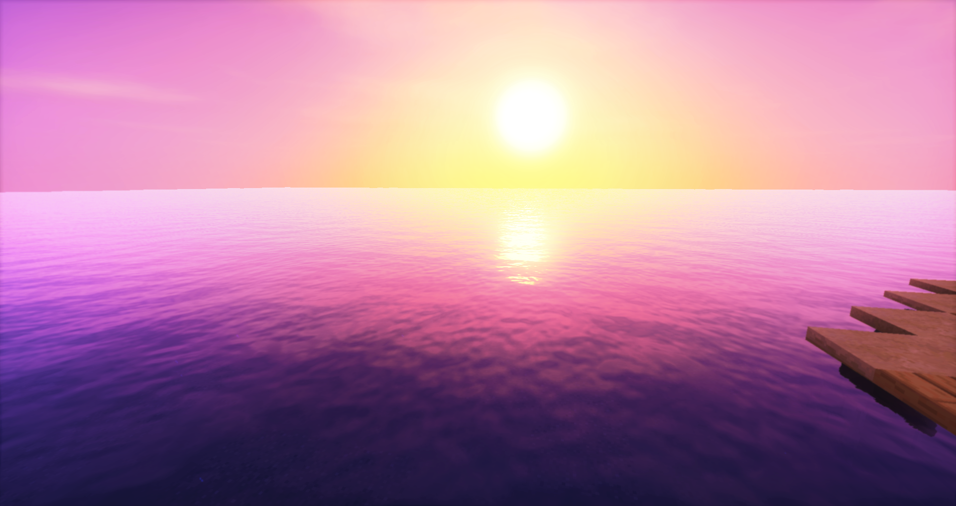 HD Minecraft desktop wallpaper showing a vibrant pink and purple sunset over a calm ocean with a wooden pier extending from the right side.