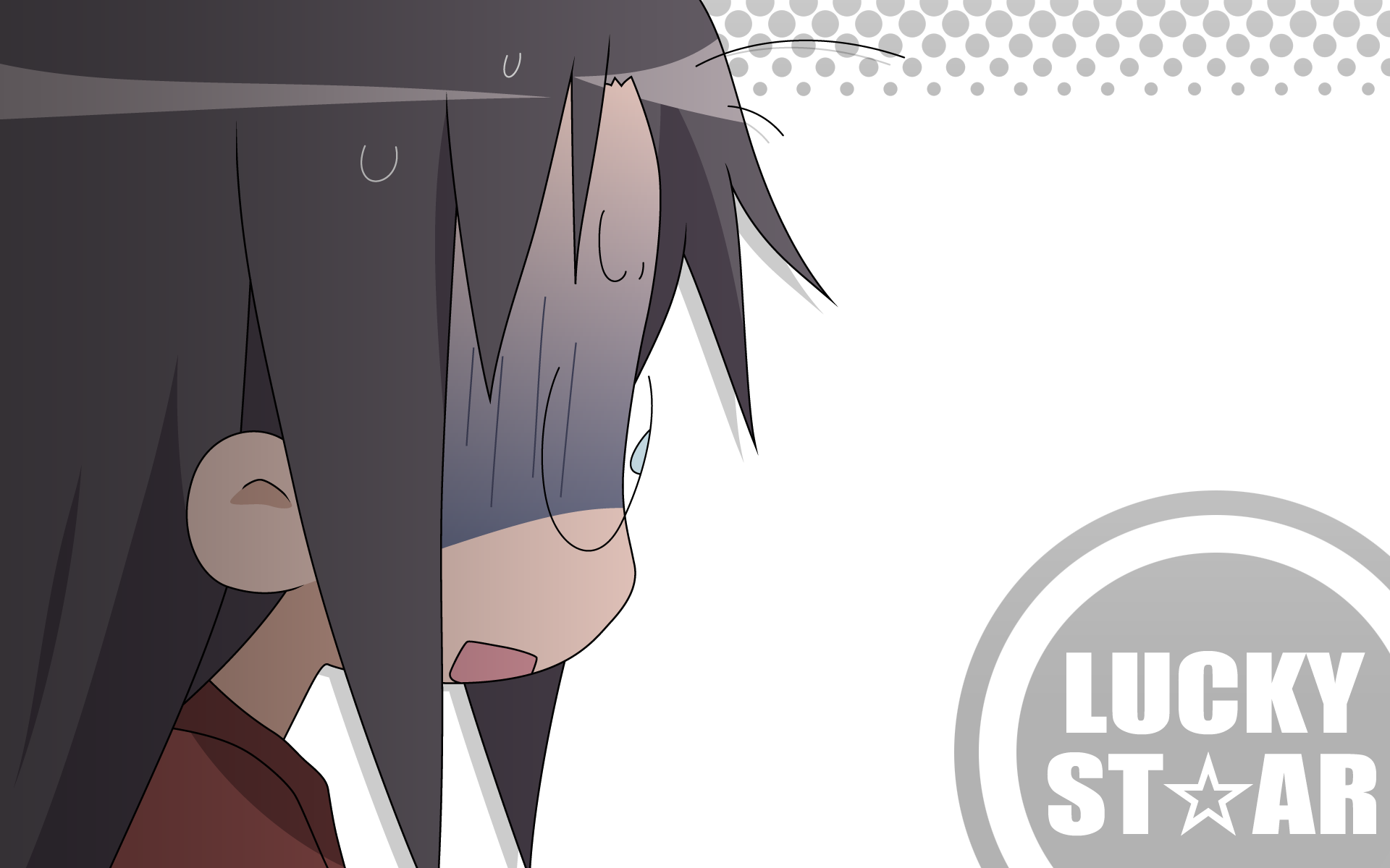 HD PC desktop wallpaper of Hiyori Tamura (Lucky Star) in profile, wide-eyed and sweating in shock against a white background with a circular Lucky Star logo.