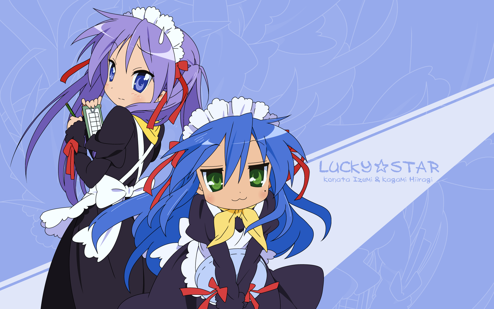 Konata Izumi and Kagami Hiiragi from Lucky Star in maid outfits against a stylized blue backdrop — HD anime PC desktop wallpaper background.