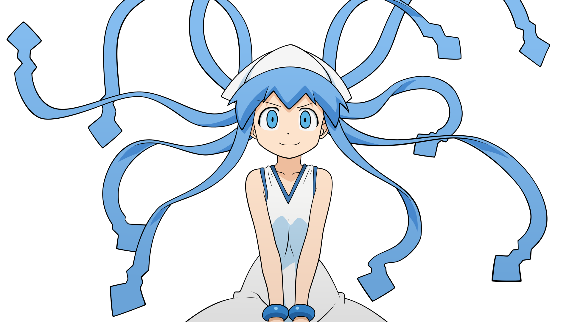 4K Ultra HD PC desktop wallpaper and background of Ika Musume (Squid Girl) anime: cheerful girl in white dress with blue squid-like tentacle hair streaming outward, wearing headband and bracelets.