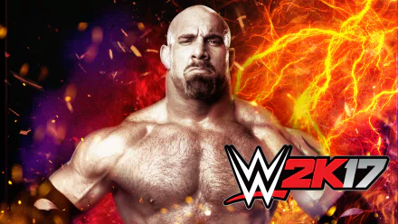 HD wallpaper featuring Bill Goldberg from WWE, set against a vibrant background with fiery colors, promoting the video game WWE 2K17.
