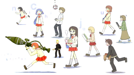 A vibrant HD wallpaper featuring characters from Nichijō, including Ogi, Yuria Sekiguchi, and Mio Naganohara, engaged in various school activities and antics.