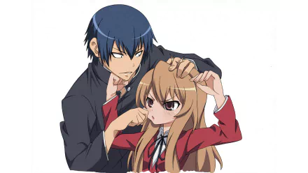 Taiga Aisaka and Ryuuji Takasu from the anime Toradora! appear together in this vibrant HD wallpaper, capturing their dynamic personalities and the essence of their story.
