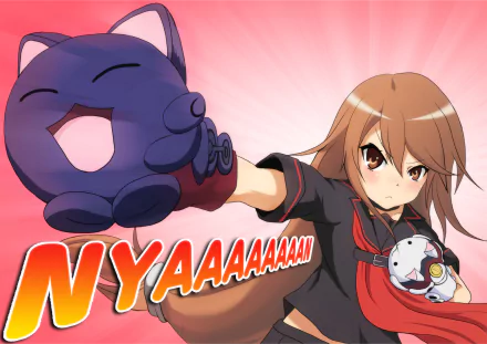 HD PC desktop wallpaper from the anime Ookami-san to Shichinin no Nakama-tachi: determined schoolgirl in a cat-paw glove shouting NYAAAA against a pink radial burst background.
