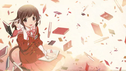 HD PC desktop wallpaper featuring an anime character from The World God Only Knows, surrounded by floating books and stationery in a warm, soft color palette.