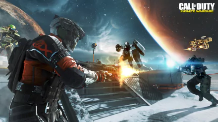 A dynamic scene from Call of Duty: Infinite Warfare, showcasing intense combat on a lunar landscape with futuristic soldiers and advanced weaponry, presented in stunning 4K Ultra HD.