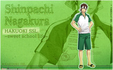 HD PC desktop wallpaper of Shinpachi Nagakura (Hakuouki Shinsengumi Kitan) — anime character in green shorts and white-green shirt against a textured green background.