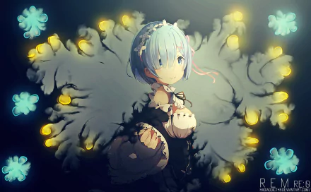 A captivating HD desktop wallpaper featuring Rem from Re:ZERO - Starting Life in Another World, surrounded by a mystical aura and glowing elements against a dark backdrop.