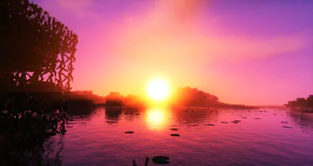 HD Minecraft desktop wallpaper capturing a vibrant sunset over a reflective water landscape in the video game world.