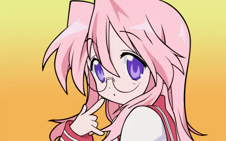 Miyuki Takara from Lucky Star — anime HD PC desktop wallpaper: pink-haired, glasses-wearing schoolgirl with purple eyes and freckles set against a warm orange-yellow gradient background.