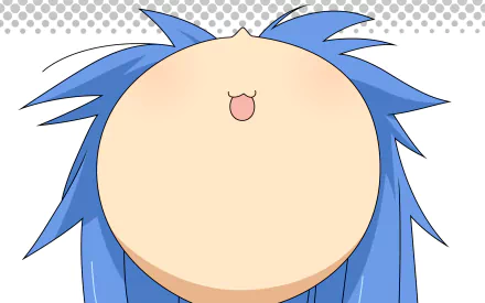 HD PC wallpaper of Lucky Star's Konata Izumi in a comedic extreme close-up: oversized round forehead, blue spiky hair, tiny tongue-out mouth and dotted patterned background.