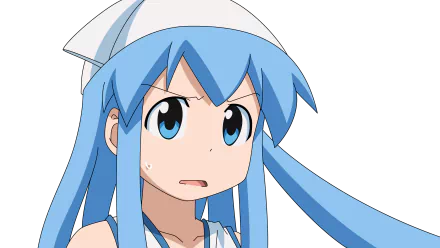 Ika Musume (Squid Girl) anime portrait: blue-haired girl with long tentacle-like hair and a surprised expression — 2K Quad HD PC desktop wallpaper/background.
