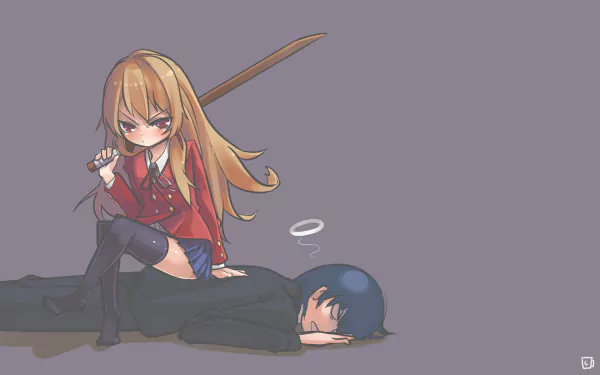 Anime-style HD desktop wallpaper featuring Ryuuji Takasu lying down with Taiga Aisaka sitting on him, both characters from Toradora! against a muted purple background.