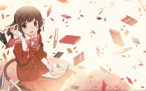 HD PC desktop wallpaper featuring an anime character from The World God Only Knows, surrounded by floating books and stationery in a warm, soft color palette.