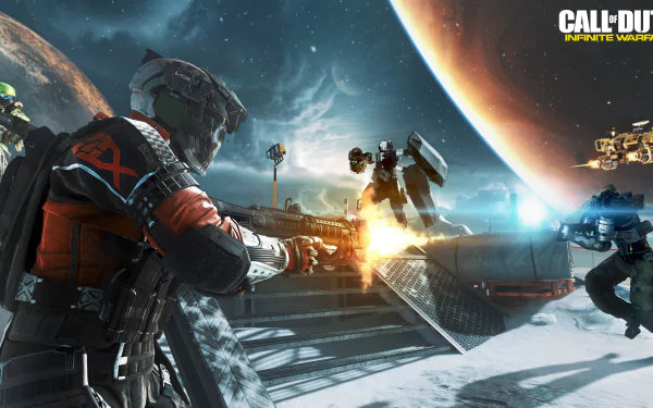 A dynamic scene from Call of Duty: Infinite Warfare, showcasing intense combat on a lunar landscape with futuristic soldiers and advanced weaponry, presented in stunning 4K Ultra HD.