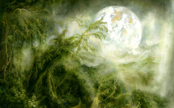 A lush, green landscape features a large, glowing planet rising in the background, set against a misty, otherworldly atmosphere. An immersive Sci-Fi scene in stunning 8K Ultra HD.