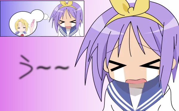 HD anime desktop wallpaper of Tsukasa Hiiragi and Nanako Kuroi from Lucky Star: chibi Tsukasa flustered in foreground, small inset shows Nanako in a thought bubble on a purple gradient background.