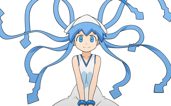 4K Ultra HD PC desktop wallpaper and background of Ika Musume (Squid Girl) anime: cheerful girl in white dress with blue squid-like tentacle hair streaming outward, wearing headband and bracelets.