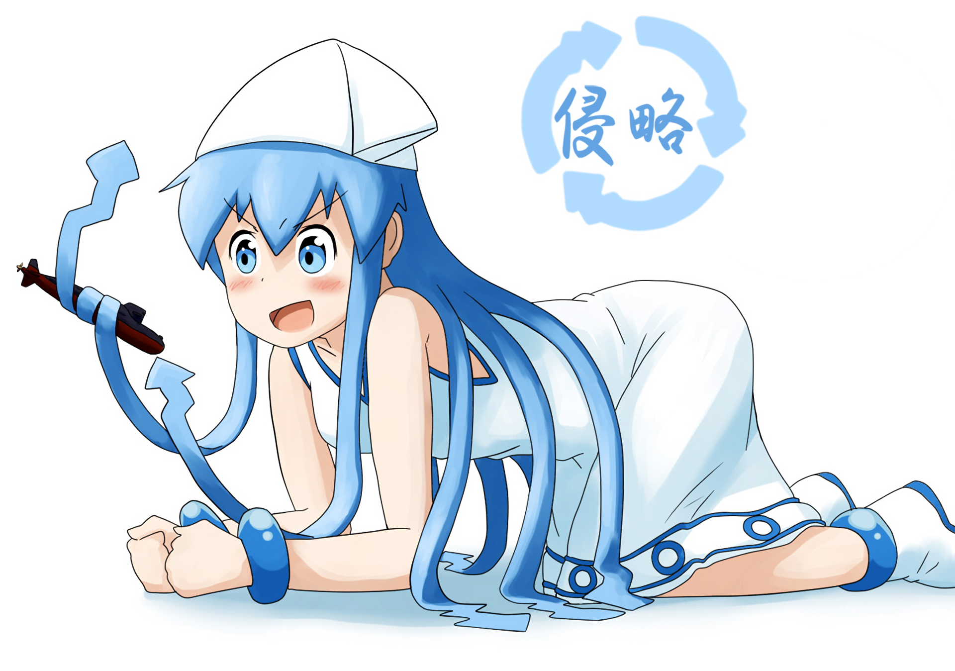 Ika Musume (Squid Girl) anime HD PC desktop wallpaper: bright blue‑haired squid girl in white dress and paper hat, lying on her stomach with flowing tentacle hair on a clean white background.