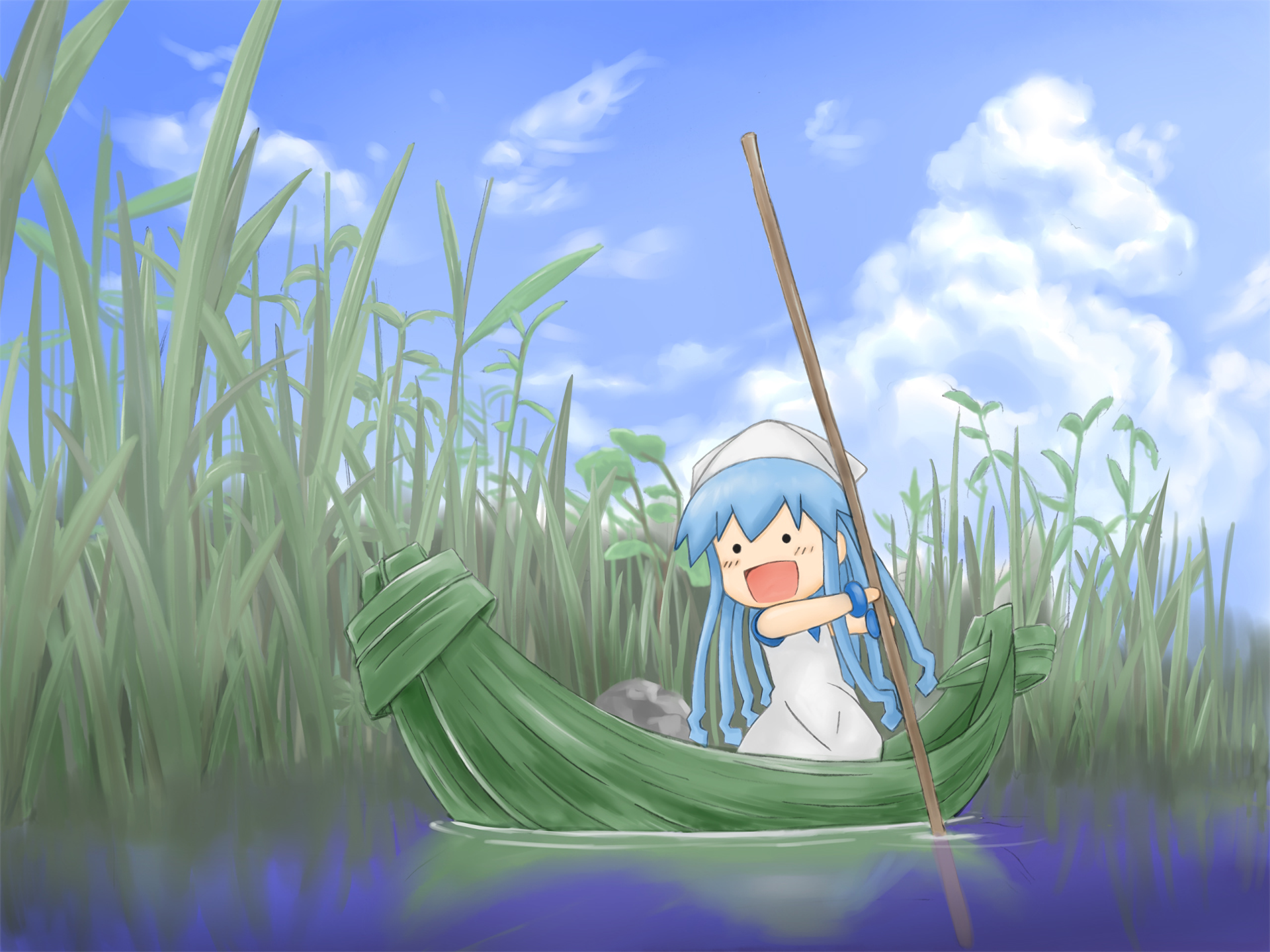 HD PC desktop wallpaper featuring Ika Musume from the anime Squid Girl, paddling a green boat through tall grass under a bright blue sky with fluffy clouds.