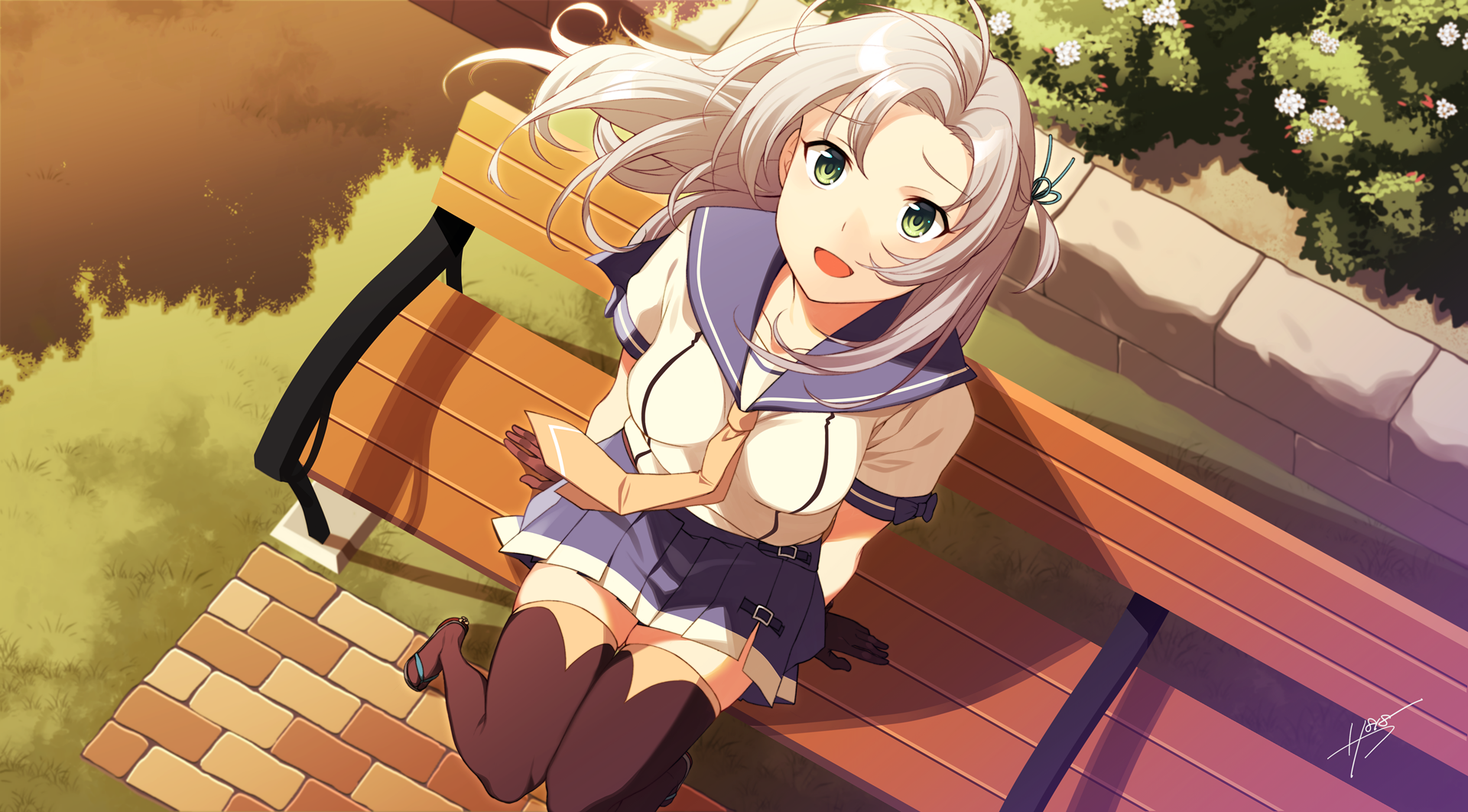 HD PC desktop wallpaper featuring Kinugasa from Kantai Collection, depicted in vibrant anime style sitting on a park bench bathed in warm sunlight.
