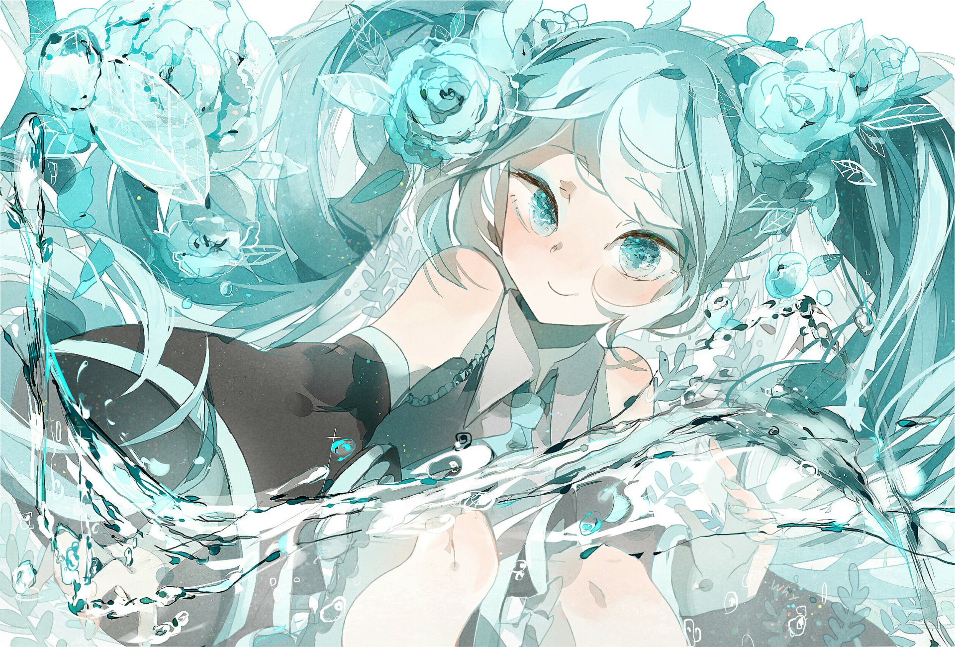A vibrant HD wallpaper featuring Hatsune Miku, the iconic Vocaloid character, surrounded by blue flowers and flowing accents, embodying the essence of anime artistry.