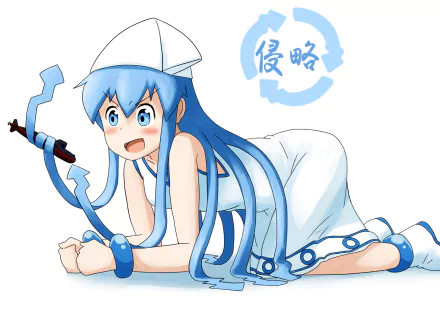 Ika Musume (Squid Girl) anime HD PC desktop wallpaper: bright blue‑haired squid girl in white dress and paper hat, lying on her stomach with flowing tentacle hair on a clean white background.