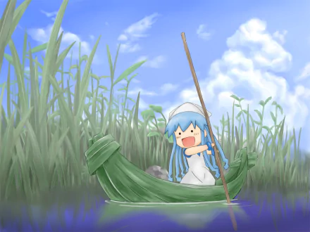 HD PC desktop wallpaper featuring Ika Musume from the anime Squid Girl, paddling a green boat through tall grass under a bright blue sky with fluffy clouds.