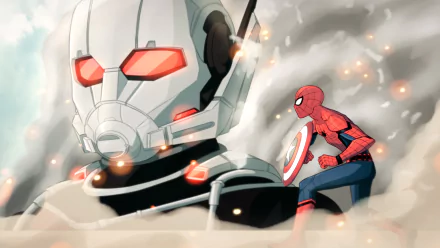 An HD desktop wallpaper featuring Spider-Man gearing up with Captain America's shield, alongside Ant-Man and Giant-Man, inspired by *Captain America: Civil War*.