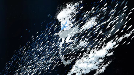 A dynamic anime-inspired original artwork featuring a figure with flowing white hair amidst a swirl of blue and white elements, designed as an HD wallpaper for PCs.