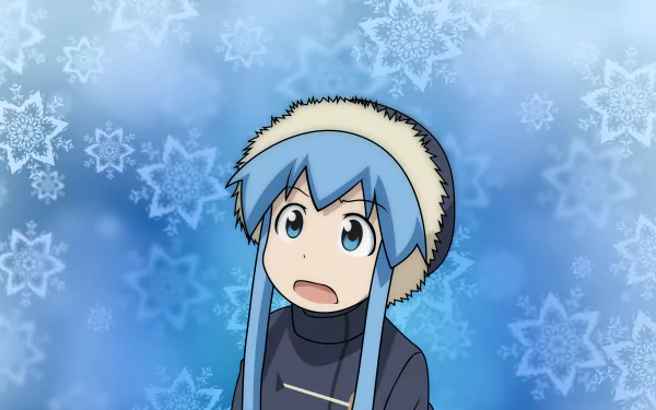 Ika Musume (Squid Girl) anime: surprised, wearing a fur hat against a blue snowflake background — 4K Ultra HD PC desktop wallpaper and background.