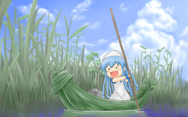 HD PC desktop wallpaper featuring Ika Musume from the anime Squid Girl, paddling a green boat through tall grass under a bright blue sky with fluffy clouds.
