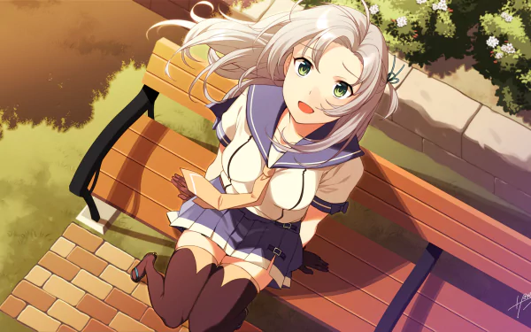 HD PC desktop wallpaper featuring Kinugasa from Kantai Collection, depicted in vibrant anime style sitting on a park bench bathed in warm sunlight.