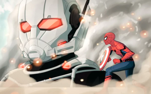 An HD desktop wallpaper featuring Spider-Man gearing up with Captain America's shield, alongside Ant-Man and Giant-Man, inspired by *Captain America: Civil War*.