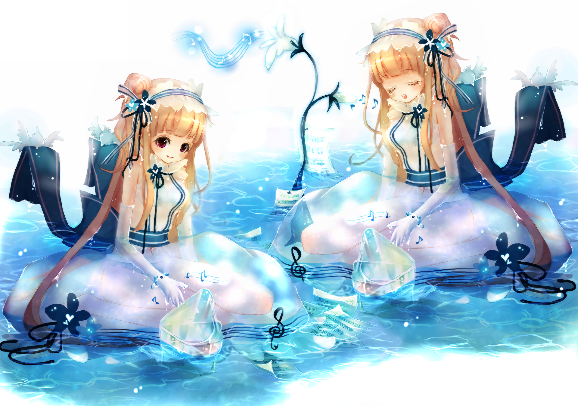 HD anime original desktop wallpaper depicting a girl in a white dress with long blonde hair, surrounded by water and glowing lanterns, with musical notes floating around.