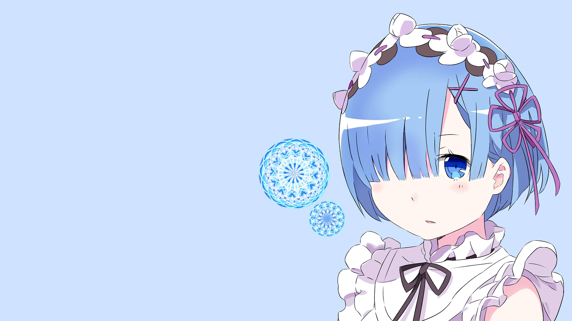 HD wallpaper featuring Rem from Re:ZERO - Starting Life in Another World, showcasing her signature blue hair and charming expression against a soft blue background.