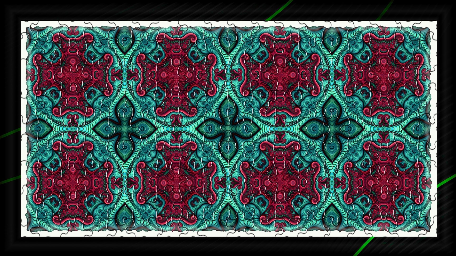 Vivid stained-glass man-made pattern in teal and burgundy with puzzle-like repeating motifs, 5K Ultra HD PC desktop wallpaper and background.