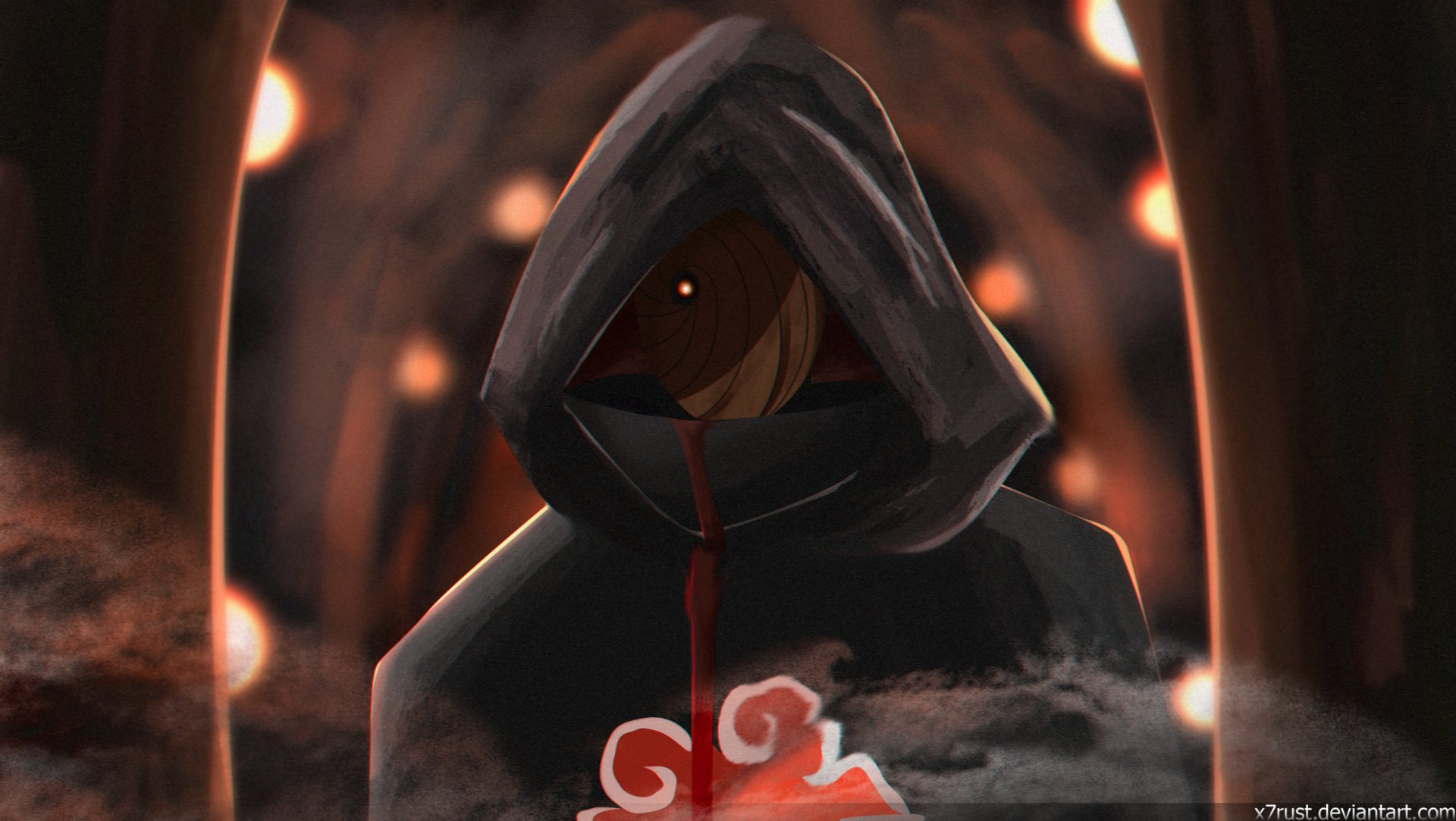 A striking HD wallpaper featuring Obito Uchiha from the anime Naruto, shrouded in mystery with a dark hood and an intense gaze, surrounded by a dimly lit atmosphere.
