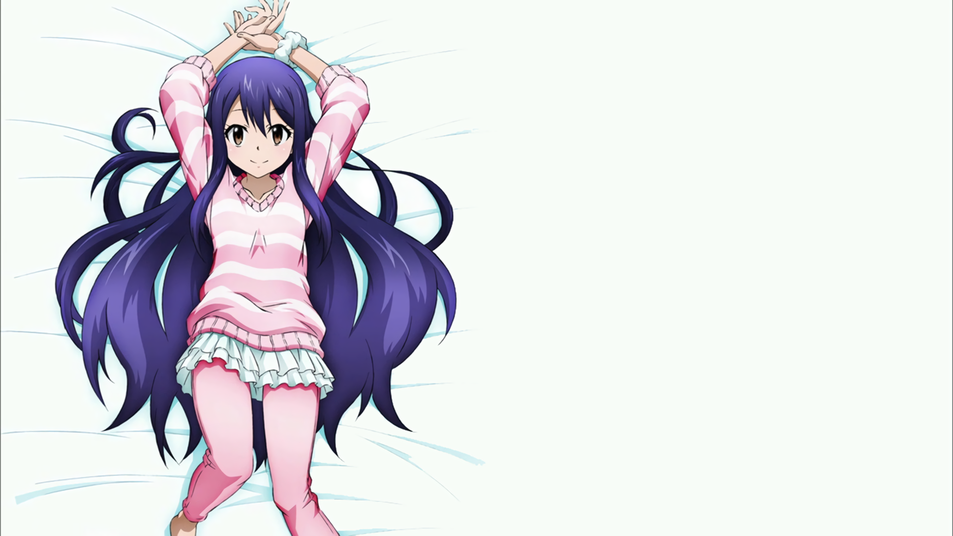Wendy Marvell from Fairy Tail relaxes on a bed, showcasing her long purple hair. She wears a cozy sweater and skirt, set against a soft, light background.